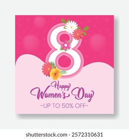 8 march women's day social media post banners ads template with realistic flower illustration background
womens day sale offer discount square flyer or poster invitation greetings spring card