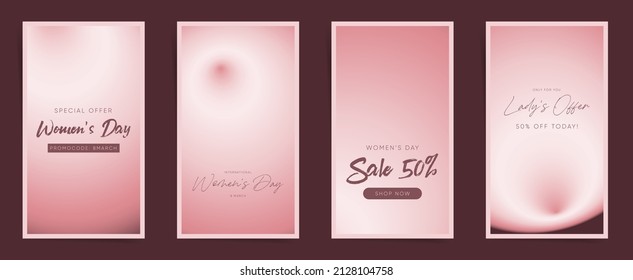 8 March Women's day stories template set. Pale pink and brown gradient social media story concept background with blurry soft gradient for cute sale marketing offer