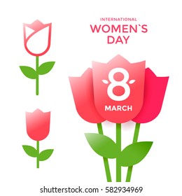 8 March Womens Day. Stylized red tulips. Vector illustration