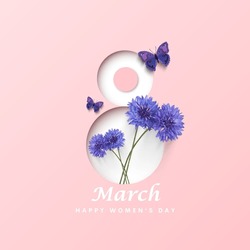 8 March. Women's Day Vector Greeting Card With Number 8 In The Style Of Cut Paper, Flower And Butterfly On Pink Background. Applicable For Web Banner, Flyer, Cards And Invitation.