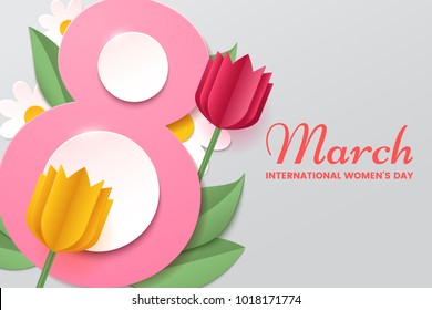 8 March. Women's day vector greeting card with decor of paper cut tulips, chamomiles and leafs. Number 8 in the style of cut paper. Applicable for web banner, flyer, cards and invitation.