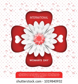 8 of March - Women's Day vector paper art with cutout in the form of clover leaf on the white background with red heart pattern, white flower, text and shadow.