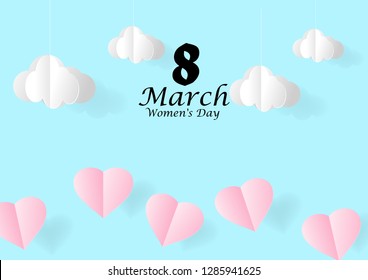 8 March, Women's day vector greeting card with paper heart , Vector illustration,  Paper cut and craft style.
