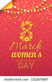 8 March womens day vector, international holiday celebration poster with greeting text. Flowers and flags decoration, bokeh and flora red blooming