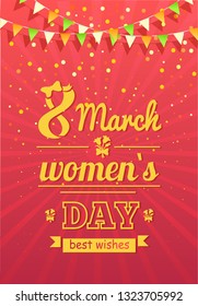8 March womens day vector, international holiday celebration poster with greeting text. Flowers and flags decoration, bokeh and flora red blooming