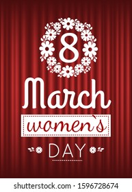 8 March womens day vector, celebration of holiday sketch with flower and inscription. Red curtain background, greetings for females girls. Bouquet of flora