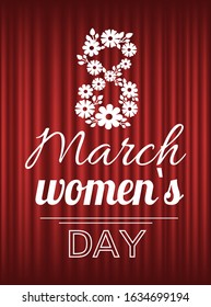 8 March womens day vector, celebration of holiday sketch with flower and inscription. Red curtain background, greetings for females girls. Bouquet of flora