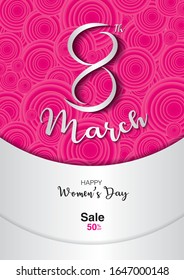 8 march. Women's day vector template can be cuse poster, flyer, sale banner, Postcard, greeting card, brochures.number 8 on pink flower background