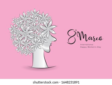 8 march. Women's day vector template can be cuse poster, flyer, sale banner, Postcard, greeting card, brochures. hand drawn women vector with flowers in her hair.