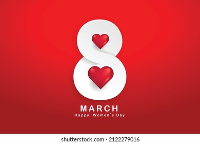 8 March. Women's day vector greeting card with Number 8 in the style of cut paper. and heart on red background. Applicable for web banner, flyer, cards and invitation. - Shutterstock ID 2122279016