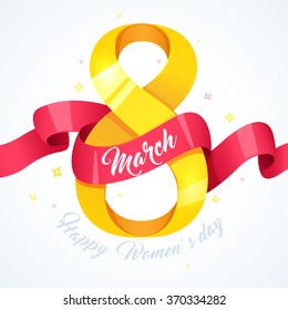 8 march - women's day. Vector greeting card. Gift for 8 March. 8 march symbol of yellow ribbon for your design, brochure, web, illustration etc.