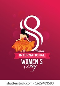 8 March Women's day. Woman on swing. Abstract background with text and flowers