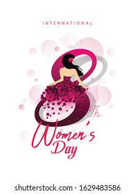 8 March Women's day. Woman on swing. Abstract background with text and flowers