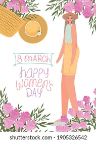 8 march womens days lettering and cute woman in hat, blue blouse with flowers vector illustration design