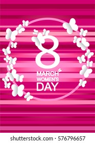 8 March World Women's Day. 3D illustration with the background of the strips of paper butterflies and white text.