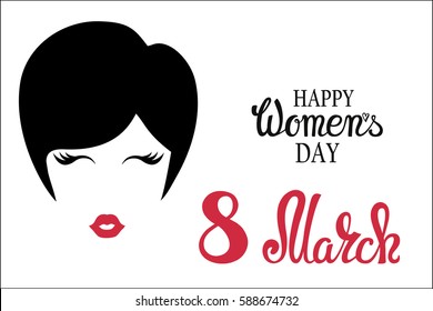 8 March.Women Day greeting card.Vector handwriting lettering,text,female face.Calligraphy spring titles.Woman holiday.Illustration,template.