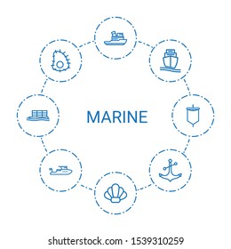 8 marine icons. Trendy marine icons white background. Included outline icons such as boat, shell, cargo ship, extinct sea creature, anchor, sail. marine icon for web and mobile.