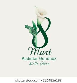 8 Mart Dünya Kadınlar Günü Kutlu Olsun
Number 8 made of white flower. Translation: Happy March 8 international women's day. - Shutterstock ID 2264856189