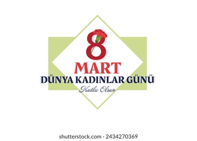 8 mart dünya kadınlar günü kutlu olsun (Traducción: 8 de marzo Feliz Día Internacional de la Mujer). Número ocho decorado con flores de clavel. Banner, flyer, tarjeta de felicitación, hermosa postal para el 8 de marzo.