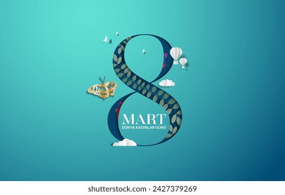 8 Mart Dünya kadınlar günü. (Translate:
8 March, happy women's day) greeting card vector illustration