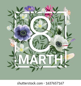  8 marth - spring greeting card with ralistic vector flowers and green branches.
