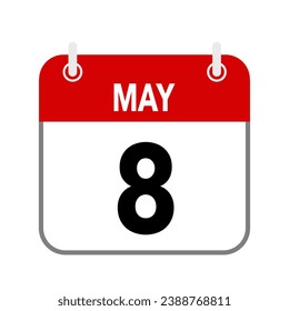 8 de mayo, icono de fecha de calendario sobre fondo blanco.