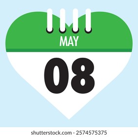 8 May calendar icon green heart shape on light sky blue color background, calendar vector symbol for the month of May.