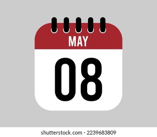 8 May calendar icon. Red calendar page vector for May days and weeks