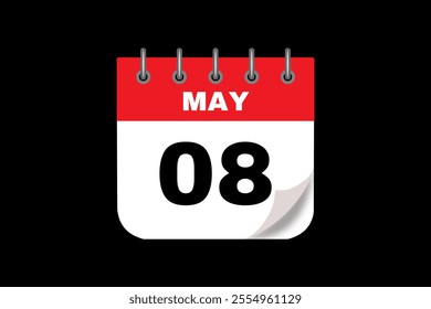 8 May calendar icon text page monthly web design on red, white and black background vector, icon, or illustration with the month of May 8