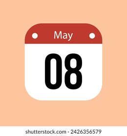 Icono de vector de calendario del 8 de mayo. Fecha de mayo roja para los días del mes y la semana sobre un fondo claro