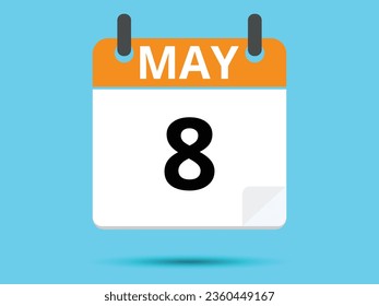 8 May. Flat icon calendar isolated on blue background. Vector illustration.
