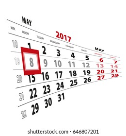8 May highlighted on calendar 2017. Week starts from Monday. Vector Illustration.