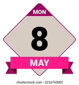 8. Mai, Montag. Datumsvorlage. Nützliches Design für Kalender- oder Veranstaltungswerbung. EPS10 Datei, Vektorgrafik. Einzeln auf weißem Hintergrund.