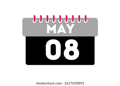 8 may month single day vector, illustration, calendar with ash, black, red and white color background calendar icon of may 8