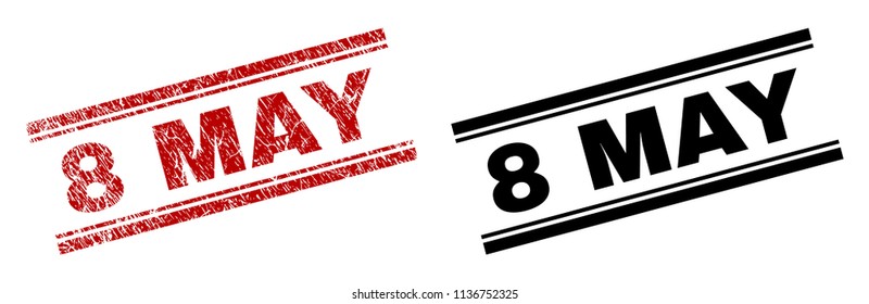 8 MAY stamp seal print with red distress and clean black version. Red vector rubber print of 8 MAY text with grunge style. Titles are placed between double parallel lines.