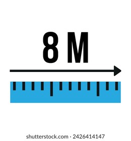 8 meters ruler icon. Vector measure blue scale, size and length isolated on white background