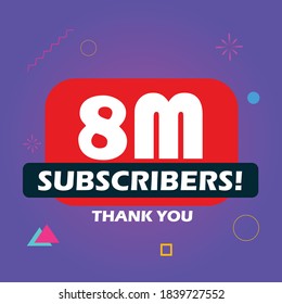 8 million followers vector post 1m celebration. 8 million subscribers followers thank you congratulation.