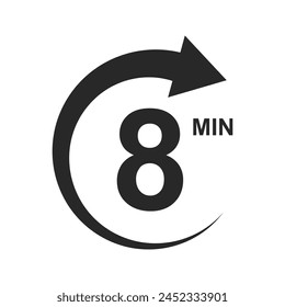 8 min countdown sign. Eight minutes icon with circle arrow. Stopwatch symbol. Sport or cooking timer isolated on white background. Delivery, deadline, duration pictogram. Vector graphic illustration.