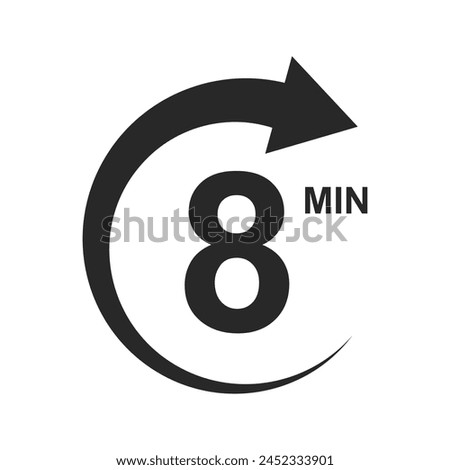 8 min countdown sign. Eight minutes icon with circle arrow. Stopwatch symbol. Sport or cooking timer isolated on white background. Delivery, deadline, duration pictogram. Vector graphic illustration.