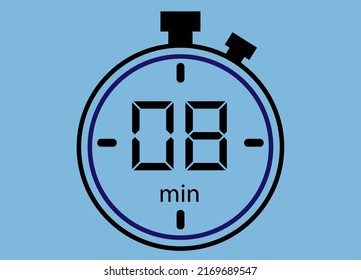 8 minutes icon isolated on blue background. Watch, timer, countdown symbol.