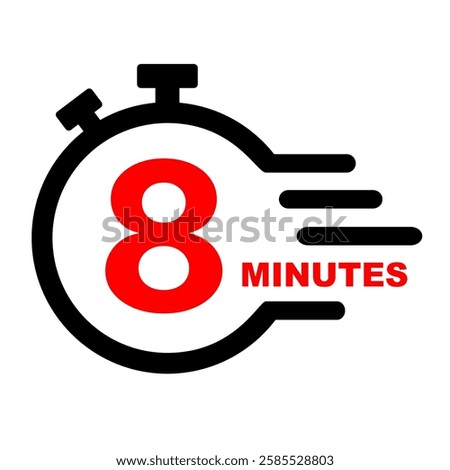 8 minutes stopwatch icon. Stop watch clip art on black and red vector. Services time graphic design