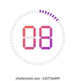 The 8 minutes, stopwatch vector icon, digital timer. Vector digital count down circle board with circle time pie diagram. Watch outline style design, designed for web and app.