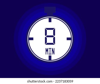 8 minutes stopwatch vector icon. Stopwatch icon in clock style. Timer for schedules and appointments on blue background