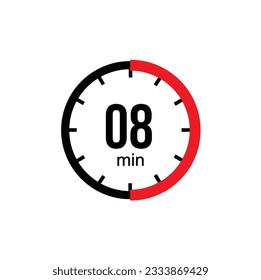 The 8 minutes, stopwatch vector icon. Stopwatch icon in flat style on a white background. Vector stock illustration.