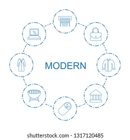 8 modern icons. Trendy modern icons white background. Included line icons such as spu, newborn child, woman bag, laptop, bank, barbecue, overcoat. modern icon for web and mobile.