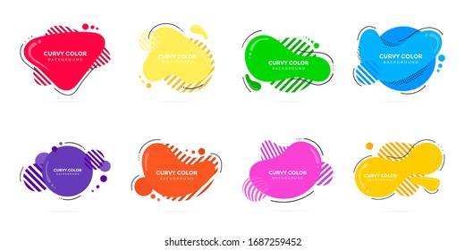8 Modern liquid abstract element shape memphis style design fluid vector colorful illustration set. Banner simple shape template for presentation, flyer, brochure isolated on white background.