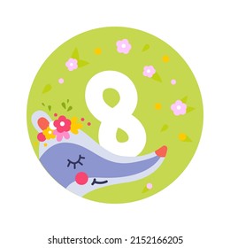 8 Months Baby Milestones Card with Cute Animal. Vector illustration