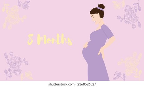 8 months of pregnancy. Portrait of young happy woman waiting for her child born, vector illustration. Pregnant woman expecting to be a mother