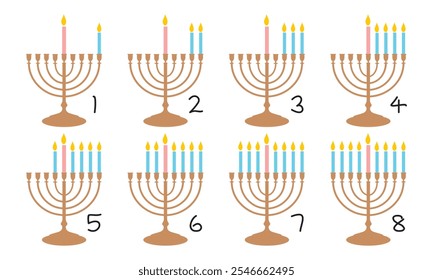 8 nights of Hanukkah. Menorah series starting with first night and ending with eight. Flat illustration isolated on white. Vector illustration