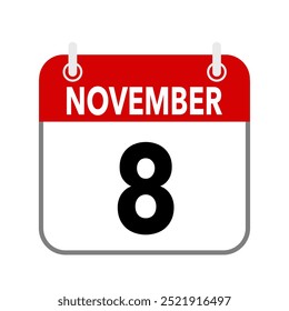 8 de noviembre, icono de fecha de calendario sobre fondo blanco.